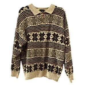 Vintage Grandpa Sweater Etchings Mens sz L Cream Brown Wool Blend Y2K Fair Isle